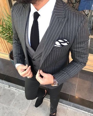 Charcoal Vertical Striped Blazer Outfits For Men: For a casually smart outfit, reach for a charcoal vertical striped blazer and black chinos — these items play nicely together. Finishing with black suede double monks is the most effective way to bring a bit of depth to your outfit.