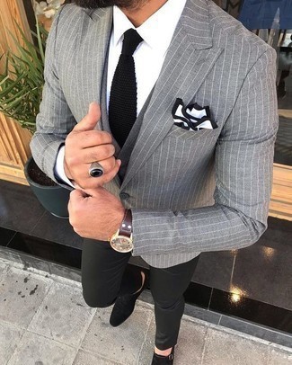 Charcoal Vertical Striped Blazer Outfits For Men: Such items as a charcoal vertical striped blazer and dark green chinos are an easy way to introduce extra refinement into your current lineup. For something more on the sophisticated end to finish this outfit, complete this look with a pair of black suede double monks.