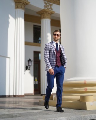 Red Waistcoat Outfits: Reach for a red waistcoat and blue dress pants if you're going for a proper, dapper ensemble. Black leather oxford shoes add a new flavor to this ensemble.