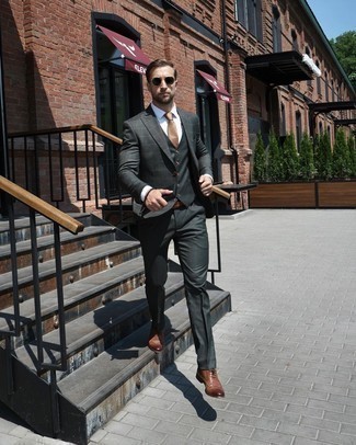 Grey Check Blazer Outfits For Men: You're looking at the hard proof that a grey check blazer and charcoal dress pants look amazing when you team them up in a polished outfit for a modern man. Introduce a pair of brown leather brogues to the mix and ta-da: this ensemble is complete.