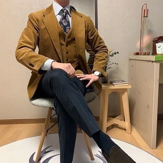 Tobacco Waistcoat Outfits: Channel your inner men's fashion maven and make a tobacco waistcoat and navy dress pants your outfit choice. Wondering how to finish? Introduce a pair of dark brown suede loafers to this outfit for a more relaxed finish.