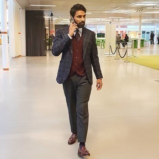 Red Waistcoat Outfits: You'll be surprised at how easy it is to throw together this classy getup. Just a red waistcoat and charcoal dress pants. Burgundy leather tassel loafers are an effective way to power up your ensemble.