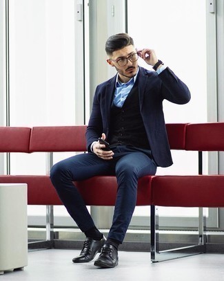 Navy Blazer Dressy Outfits For Men: This pairing of a navy blazer and black chinos is undeniable proof that a safe outfit doesn't have to be boring. Inject this outfit with an added touch of elegance with a pair of black leather derby shoes.