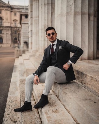 Grey Wool Waistcoat Dressy Outfits: A grey wool waistcoat and grey vertical striped chinos are among the basic elements of a good wardrobe. All you need now is a pair of black suede chelsea boots to complement your getup.