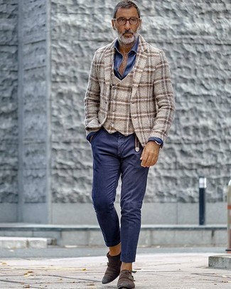 Beige Plaid Wool Blazer Outfits For Men: This combo of a beige plaid wool blazer and navy chinos is a safe bet when you need to look casually polished in a flash. Go ahead and introduce dark brown suede double monks to your outfit for a dose of polish.