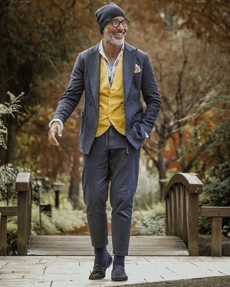 Navy Wool Blazer Dressy Outfits For Men: Marrying a navy wool blazer and navy chinos will prove your prowess in menswear styling. Go off the beaten track and switch up your outfit by finishing off with black suede loafers.
