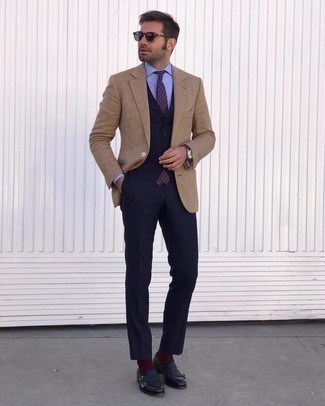Tan Herringbone Blazer Outfits For Men: We're loving how this pairing of a tan herringbone blazer and navy dress pants instantly makes any man look sophisticated and stylish. Introduce a pair of navy leather double monks to your look to tie the whole thing together.