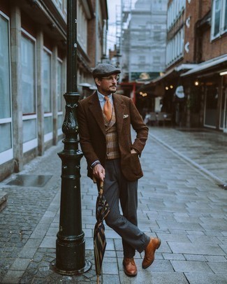Brown Leather Brogue Boots Outfits: For an outfit that's refined and Kingsman-worthy, try pairing a brown wool blazer with grey dress pants. Change up your ensemble by wearing a pair of brown leather brogue boots.