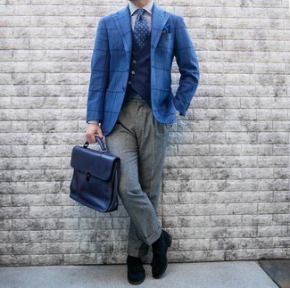 Blue Check Blazer Outfits For Men: Combining a blue check blazer with grey wool dress pants is a wonderful pick for a sharp and elegant outfit. Navy suede tassel loafers integrate smoothly within a great deal of outfits.