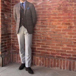 Brown Plaid Wool Blazer Outfits For Men: Try pairing a brown plaid wool blazer with grey dress pants for sharp style with a modern twist. On the shoe front, this outfit is completed well with dark brown suede monks.
