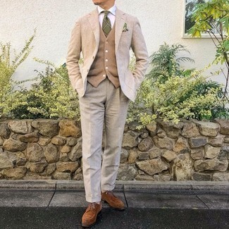 Tan Wool Blazer Outfits For Men: Solid proof that a tan wool blazer and grey dress pants are amazing together in a classy outfit for today's gentleman. Add a pair of brown suede derby shoes to the mix for extra fashion points.
