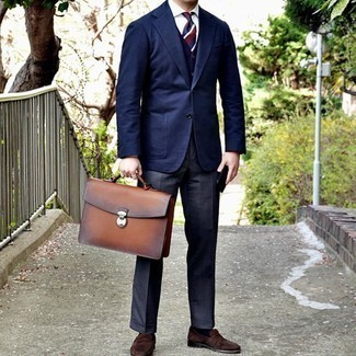 Brown Leather Briefcase Outfits: For relaxed dressing with an edgy take, wear a navy blazer with a brown leather briefcase. Infuse this outfit with a sense of polish by rounding off with a pair of dark brown suede loafers.