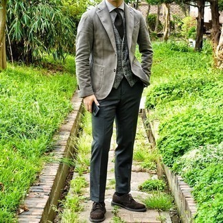 Grey Vertical Striped Dress Shirt Outfits For Men: Marrying a grey vertical striped dress shirt and charcoal dress pants is a guaranteed way to inject a polished touch into your styling routine. Not sure how to finish? Add dark brown suede brogues to the mix to shake things up.