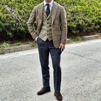 Beige Wool Waistcoat Outfits: This combo of a beige wool waistcoat and navy dress pants is incredibly smart and creates instant appeal. Kick up your whole ensemble by rounding off with a pair of dark brown suede desert boots.
