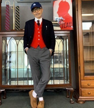 Red Waistcoat Outfits: This combination of a red waistcoat and grey dress pants can only be described as outrageously sharp and sophisticated. Finishing off with tan suede desert boots is a fail-safe way to infuse a playful feel into this ensemble.