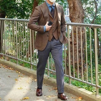Brown Waistcoat Outfits: For an outfit that's smart and camera-worthy, make a brown waistcoat and grey dress pants your outfit choice. Go the extra mile and shake up your look by wearing a pair of brown leather tassel loafers.