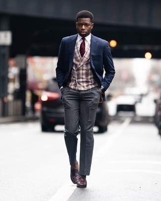 Beige Plaid Waistcoat Outfits: Irrefutable proof that a beige plaid waistcoat and charcoal dress pants look awesome when worn together in a refined look for today's guy. Infuse some much need fun and experimentation into your look with the help of a pair of burgundy leather loafers.