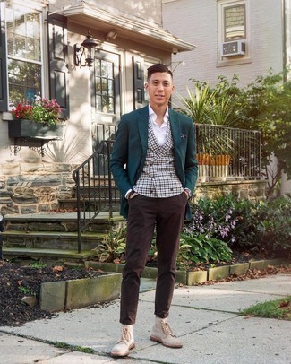 Dark Brown Chinos Outfits: This combination of a teal blazer and dark brown chinos exudes casual sophistication. If you're on the fence about how to finish off, complement this look with beige suede casual boots.