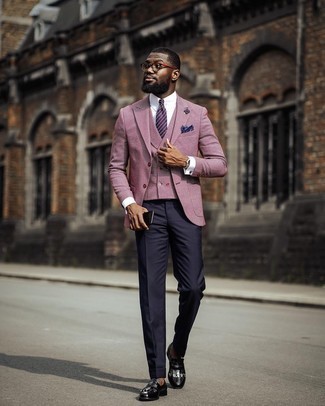 Violet Waistcoat Outfits: This combo of a violet waistcoat and navy dress pants is a foolproof option when you need to look seriously stylish and classy. When this ensemble appears too polished, tone it down by finishing off with a pair of black fringe leather loafers.