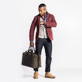 Tan Leather Monks Outfits: You'll be surprised at how easy it is for any gentleman to get dressed this way. Just a burgundy blazer and charcoal jeans. A trendy pair of tan leather monks is an easy way to inject a bit of elegance into this ensemble.