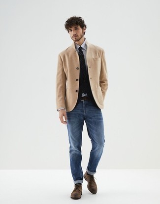 Tan Wool Blazer Outfits For Men: This combination of a tan wool blazer and blue jeans makes for the perfect base for a great number of combinations. Finishing with brown suede derby shoes is a fail-safe way to bring an extra dose of refinement to this outfit.