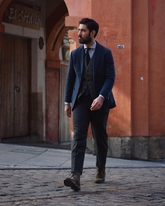 Charcoal Wool Waistcoat Outfits: Flaunt your elegant self in a charcoal wool waistcoat and charcoal dress pants. For times when this look appears all-too-perfect, dial it down by finishing off with a pair of dark brown suede brogue boots.
