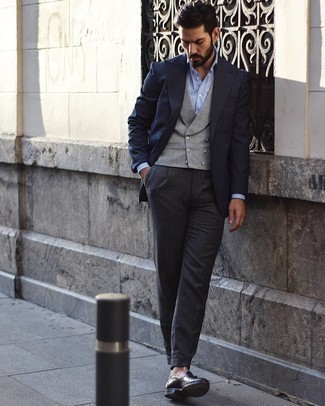 Grey Plaid Waistcoat Outfits: Go all out in a grey plaid waistcoat and charcoal dress pants. For something more on the cool and casual end to complete your look, choose a pair of black leather tassel loafers.