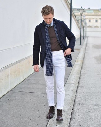Light Blue Dress Shirt Chill Weather Outfits For Men: Breathe casual sophistication into your current repertoire with a light blue dress shirt and white chinos. Round off with dark brown leather dress boots to add a little kick to the look.