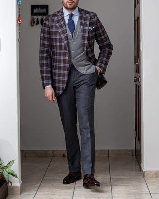 Dark Brown Plaid Blazer Outfits For Men: Combining a dark brown plaid blazer with charcoal wool dress pants is an on-point idea for a sharp and refined ensemble. Now all you need is a pair of burgundy leather derby shoes.