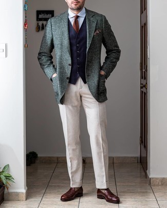 Navy Plaid Waistcoat Outfits: Wear a navy plaid waistcoat with white dress pants for a sleek classy ensemble. Inject a laid-back touch into your outfit by sporting dark brown leather loafers.