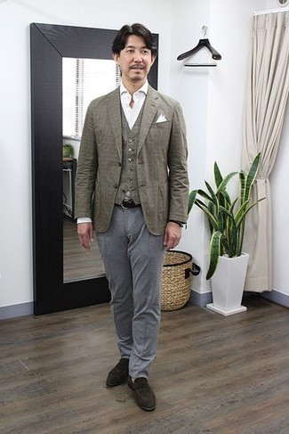 Print Blazer Outfits For Men: Wear a print blazer with grey chinos to look extra smart anywhere anytime. Take a classic approach with footwear and introduce dark brown suede loafers to your outfit.