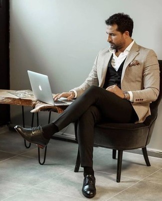 White Dress Shirt with Black Waistcoat Dressy Outfits: Go all out in a black waistcoat and a white dress shirt. You could perhaps get a little creative on the shoe front and tone down this ensemble by finishing with a pair of black leather derby shoes.