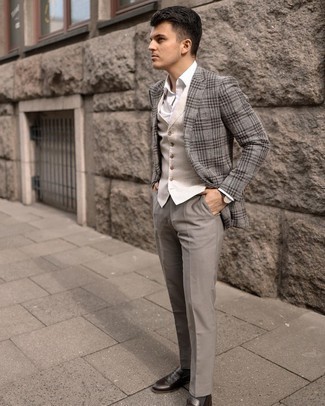 Grey Plaid Blazer Outfits For Men: Consider pairing a grey plaid blazer with grey dress pants for incredibly smart attire. Dark brown leather loafers integrate effortlessly within many getups.