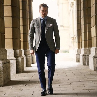 Charcoal Check Wool Blazer Outfits For Men: A charcoal check wool blazer and navy dress pants are absolute wardrobe heroes if you're crafting a dapper wardrobe that matches up to the highest sartorial standards. Black leather tassel loafers will tie this full ensemble together.