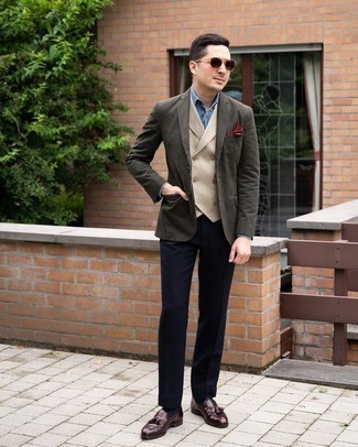 Beige Waistcoat Outfits: For an ensemble that's truly camera-worthy, make a beige waistcoat and navy dress pants your outfit choice. With shoes, you can stick to the casual route with a pair of burgundy leather tassel loafers.