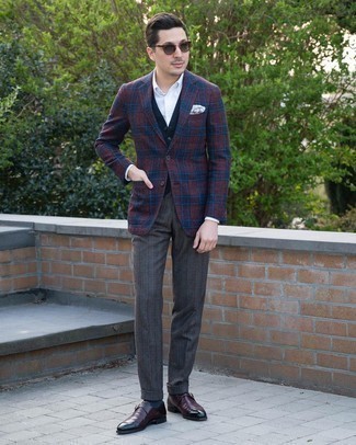 Monks Outfits: One of the classiest ways to style such a must-have piece as a burgundy plaid wool blazer is to pair it with charcoal vertical striped dress pants. Throw in monks and off you go looking smashing.