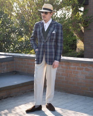 Beige Dress Pants Outfits For Men: A navy plaid blazer and beige dress pants are among the crucial elements of a functional man's closet. Complete this getup with a pair of dark brown suede loafers and you're all set looking amazing.
