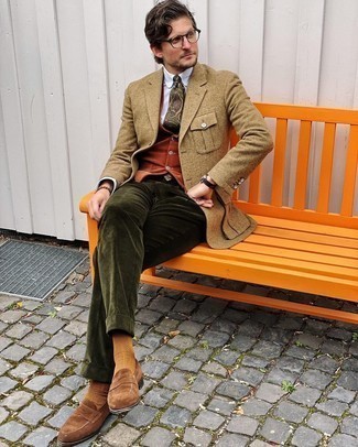 Brown Suede Loafers Outfits For Men: Irrefutable proof that a tan wool blazer and olive corduroy dress pants look awesome when combined together in a refined outfit for today's guy. Brown suede loafers look amazing finishing off this look.