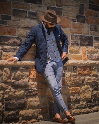 Grey Plaid Waistcoat Outfits: For a look that's semi-casual and wow-worthy, choose a grey plaid waistcoat and light blue chinos. Got bored with this outfit? Enter brown leather loafers to change things up a bit.