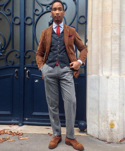 Men's Brown Corduroy Blazer, Navy Denim Waistcoat, Light Blue Dress Shirt,  Grey Dress Pants