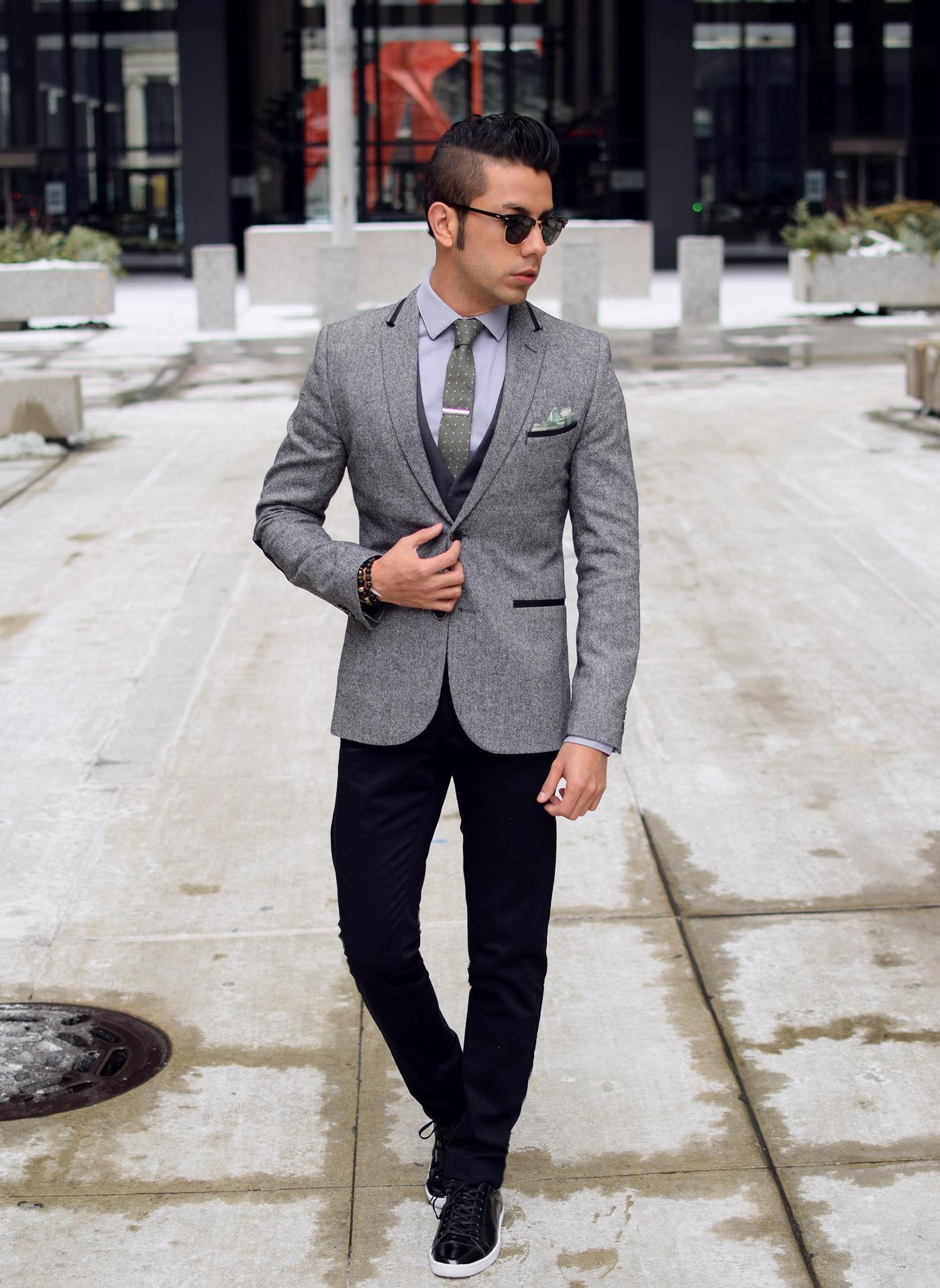 Men's Grey Wool Blazer, Charcoal Waistcoat, Grey Dress Shirt, Black Chinos  | Lookastic