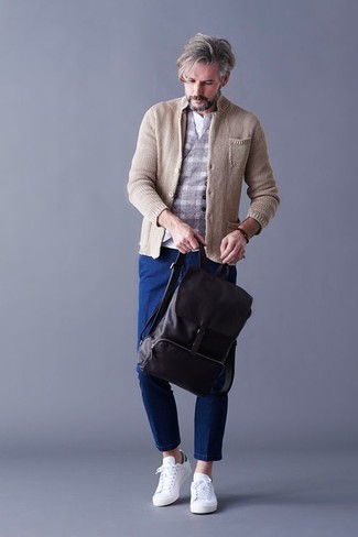 Men's Beige Knit Blazer, Grey Check Wool Waistcoat, White Henley Shirt, Blue Jeans