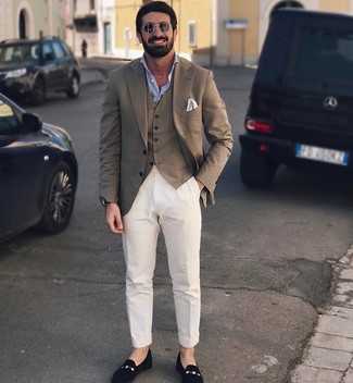 Brown Waistcoat Outfits: This combo of a brown waistcoat and white chinos is a goofproof option when you need to look like a true connoisseur of men's style. A pair of black suede loafers is a safe footwear option here that's also full of character.
