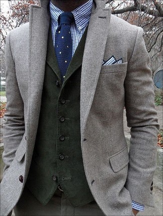 Men's Grey Wool Blazer, Dark Green Waistcoat, Blue Plaid Long Sleeve Shirt, Dark Green Chinos