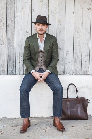 Brown Hat Outfits For Men: If it's ease and practicality that you're searching for in an ensemble, rock an olive vertical striped blazer with a brown hat. You know how to class up this outfit: brown leather chelsea boots.