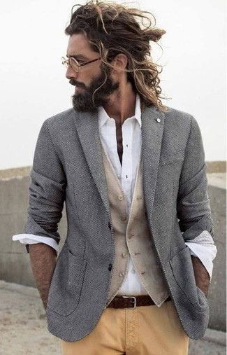 Men's Grey Blazer, Beige Waistcoat, White Long Sleeve Shirt, Khaki Chinos