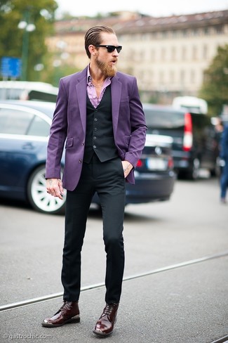 White and Purple Vertical Striped Long Sleeve Shirt Outfits For Men: Teaming a white and purple vertical striped long sleeve shirt and black dress pants is a guaranteed way to breathe refinement into your current fashion mix. Complete your getup with dark purple leather dress boots to kick things up to the next level.