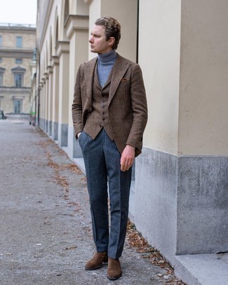 Dark Brown Suede Chelsea Boots Outfits For Men: A brown houndstooth wool blazer and charcoal wool dress pants are absolute mainstays if you're putting together a dapper wardrobe that matches up to the highest sartorial standards. All you need is a nice pair of dark brown suede chelsea boots to complement this look.