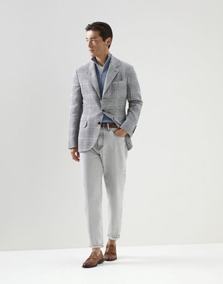 Men's Grey Plaid Blazer, Light Blue Zip Neck Sweater, White Crew-neck T-shirt, Grey Jeans