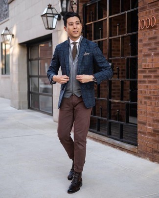 Dark Brown Leather Brogue Boots Outfits: Such pieces as a navy plaid blazer and brown chinos are an easy way to infuse a hint of masculine elegance into your casual routine. Give a sense of sophistication to this ensemble by rocking a pair of dark brown leather brogue boots.